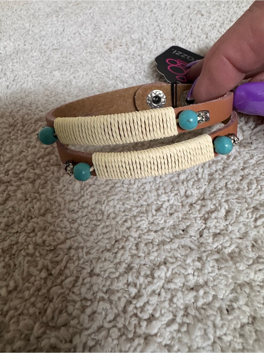 Paparazzi Tan Wrap Bracelet with Cream Thread and Turquoise Beads
